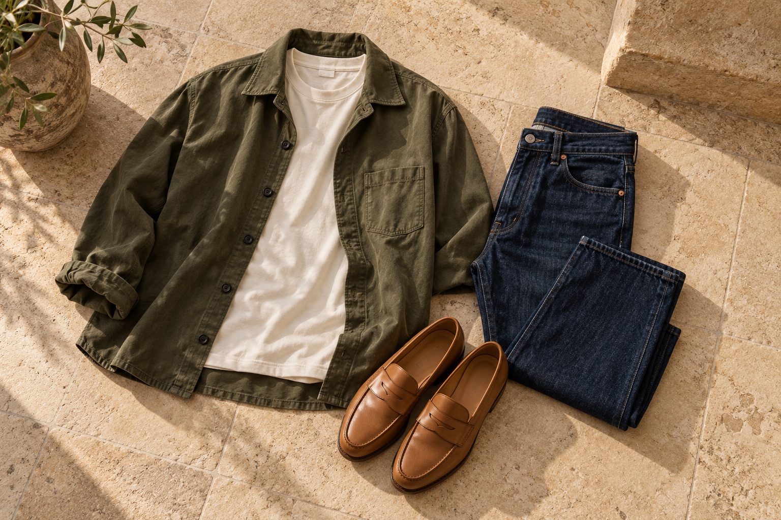 Sobrecamisa verde oliva, camiseta cruda, pantalón vaquero y mocasines color cuero