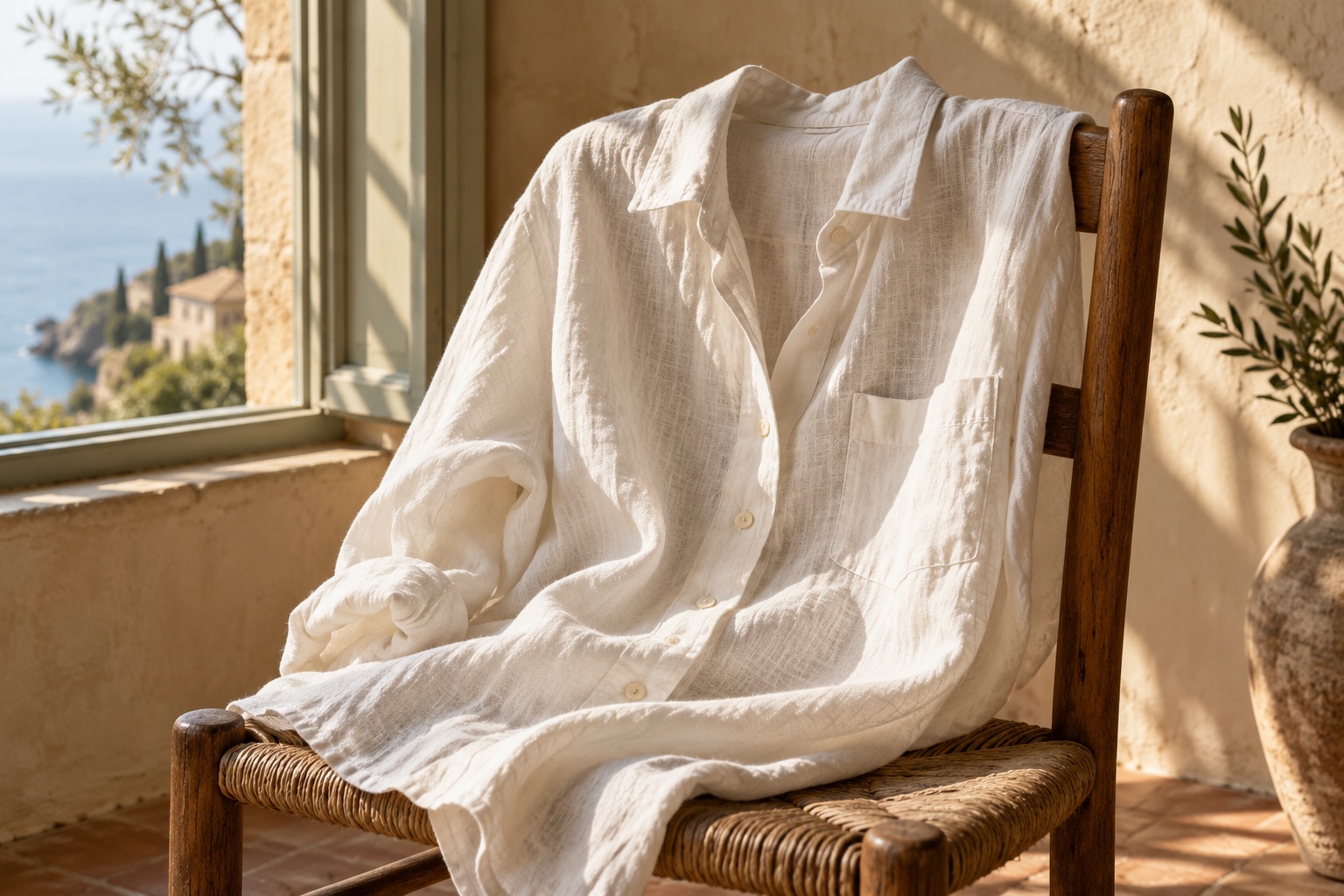 Camisa de lino marfil sobre una silla de madera junto a una ventana