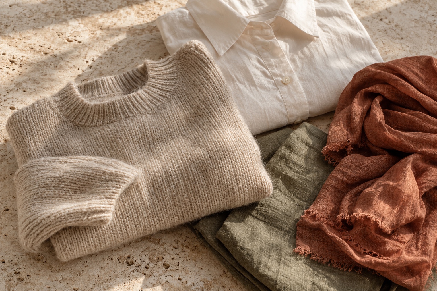 Jersey de punto color avena, camisa blanca y tejidos de lino verde y terracota
